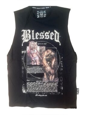 Sz M Blessed Graphic Muscle Tee - Black with White/Brown Print